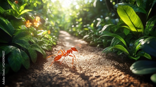 Ant on path through vibrant jungle photo