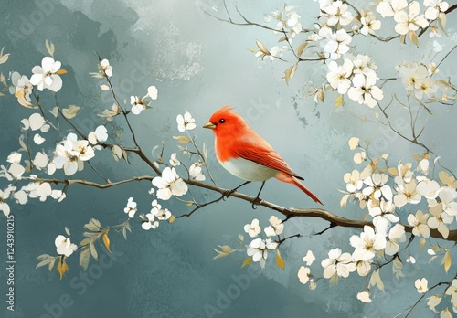 A vibrant red bird perched on a blossoming tree branch in spring photo