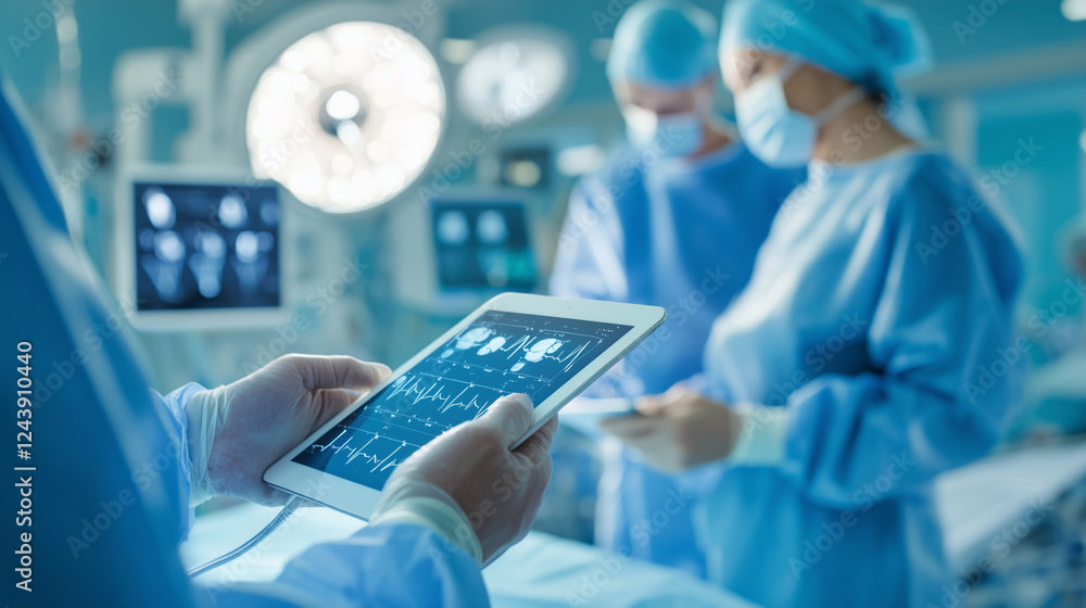 Modern Hospital Team Discussing Patient Care with Digital Tablet Modern Hospital Team Discussing Patient Care with Digital Tablet