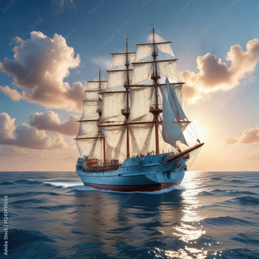 White cargo ship on blue waters with sails unfurled, white ship, sailing ship, seas White cargo ship on blue waters with sails unfurled, white ship, sailing ship, seas