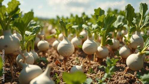 White bulbous swede turnip root plants in a field on a sunny day, farm crops, turnip plants, garden plants