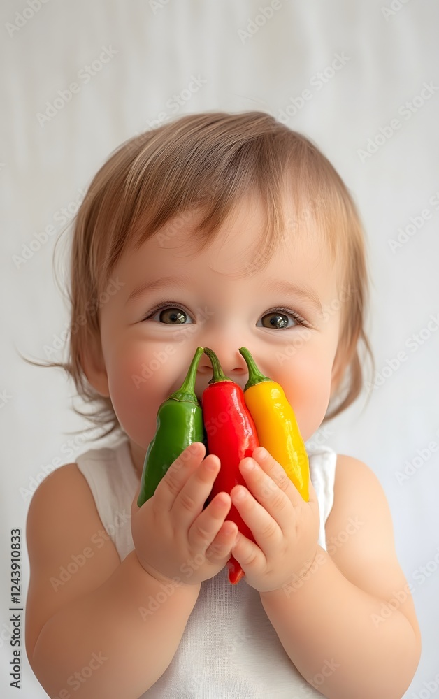 A joyful child holding colorful peppers, showcasing happiness and playfulness in a vibrant culinary context. A joyful child holding colorful peppers, showcasing happiness and playfulness in a vibrant culinary context.