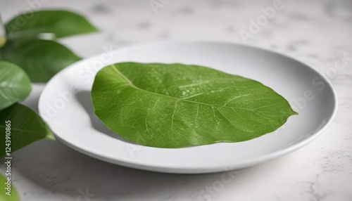 Close-up of a single fresh green lime leaf on a white plate, , edible flowers