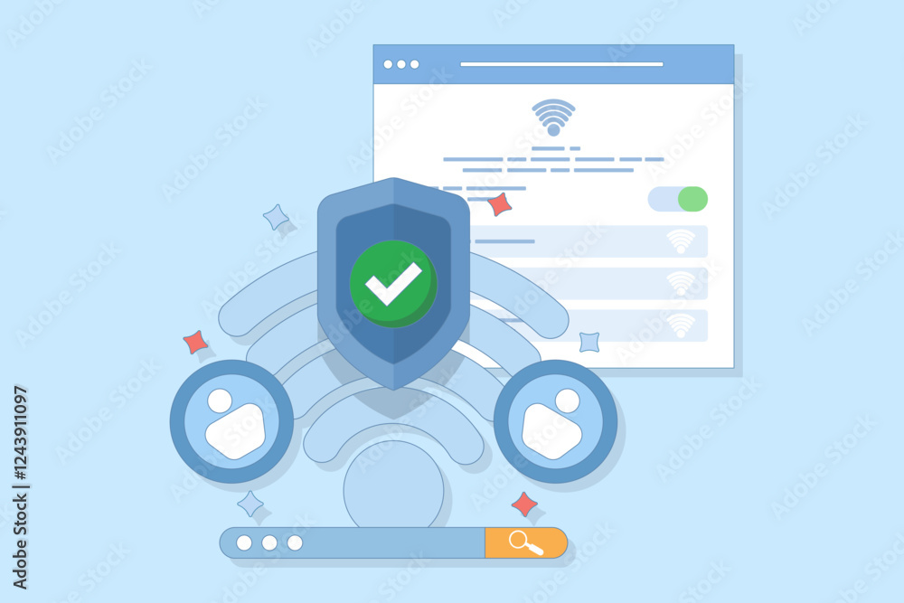 wifi network security and protection concept. wifi encryption. technology and safety. wifi signal symbol, search bar, account and shield with check mark. flat design illustration. wifi network security and protection concept. wifi encryption. technology and safety. wifi signal symbol, search bar, account and shield with check mark. flat design illustration.