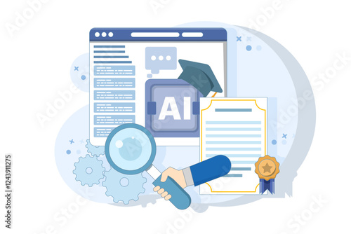 AI certification course concept, AI course, online certification, online education, artificial intelligence learning. vector illustration with icons on background.