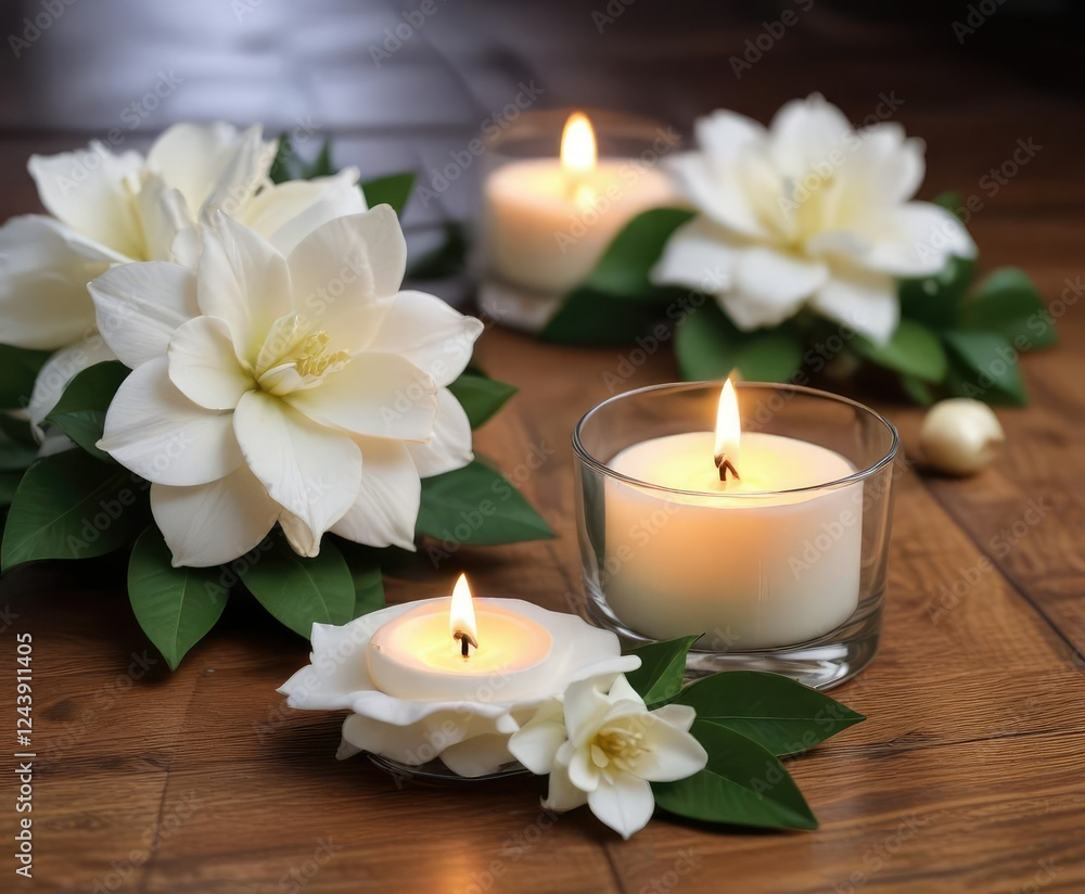 White gardenias and tea candles on a wooden surface, vintage, fragrant White gardenias and tea candles on a wooden surface, vintage, fragrant