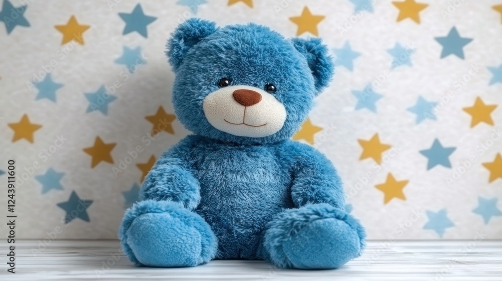 Blue teddy bear sitting on wood floor, star background, nursery decor Blue teddy bear sitting on wood floor, star background, nursery decor