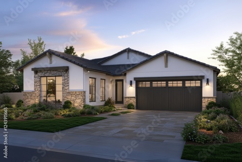 Modern single-family home located in a suburban neighborhood during the early evening with a welcoming entrance and landscaped yard