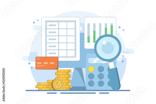 Business accounting software concept, Financial analysis, Business data integration, Tax calculation, Increasing tax payments. Vector illustration with background icon.
