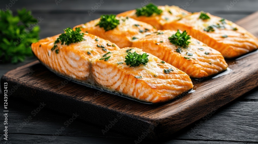 food styling, salmon pasta topped with fresh herbs and melted parmesan, displayed on a rustic wooden board with space for text food styling, salmon pasta topped with fresh herbs and melted parmesan, displayed on a rustic wooden board with space for text