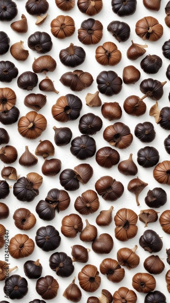 Whole black garlic cloves arranged in a pattern on a white background, ingredient, isolated Whole black garlic cloves arranged in a pattern on a white background, ingredient, isolated