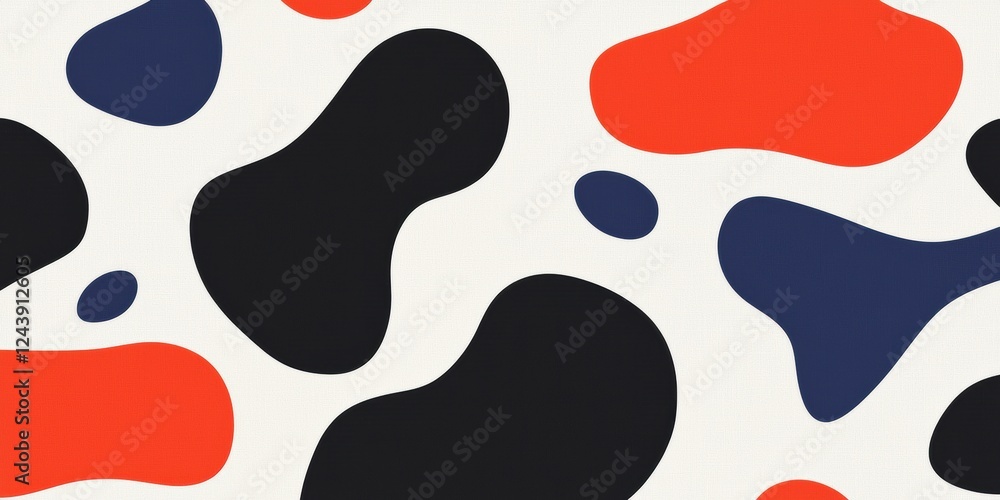 Fototapeta premium Abstract organic blobs in red, navy, and black on a cream background. Playful scattered pattern with soft rounded shapes. Bold creativity and modern energy. Ideal for branding, packaging