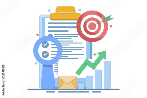Business Target Letter Concept. Clipboard with Target Arrow. Approaching target audience using email marketing, Email newsletter, messaging, Online business strategy, Advertising and marketing.