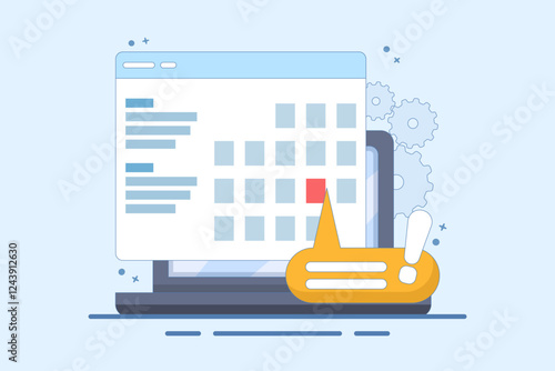 Computer Concept with calendar, deadline list, notes, online notification on website as reminder of important event, electronic or digital internet on laptop, modern notes. Flat vector illustration.