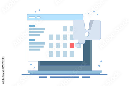 Computer Concept with calendar, deadline list, notes, online notification on website as reminder of important event, electronic or digital internet on laptop, modern notes. Flat vector illustration.