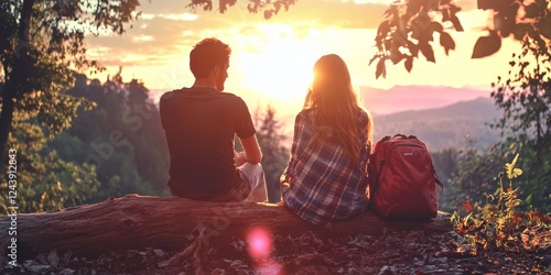 Romantic couple sitting on a log in the forest, enjoying a golden sunset with a scenic mountain view photo