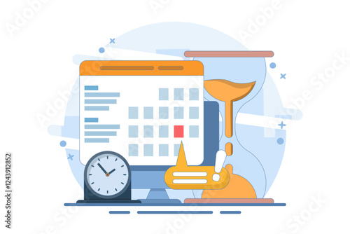 Computer Concept with calendar, deadline list, notes, online notification on website as reminder of important event, electronic or digital internet on laptop, modern notes. Flat vector illustration.