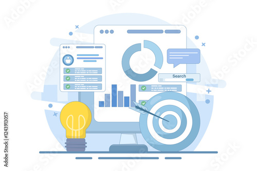 Project initiation concept. Project management, life cycle. Data analysis tasks. Business analysis. Project implementation provisions. Preparing documentation. Flat vector illustration on background.