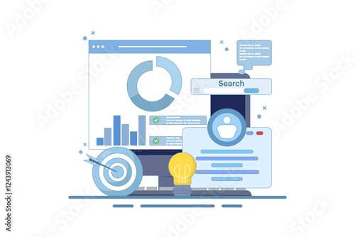 Project initiation concept. Project management, life cycle. Data analysis tasks. Business analysis. Project implementation provisions. Preparing documentation. Flat vector illustration on background.