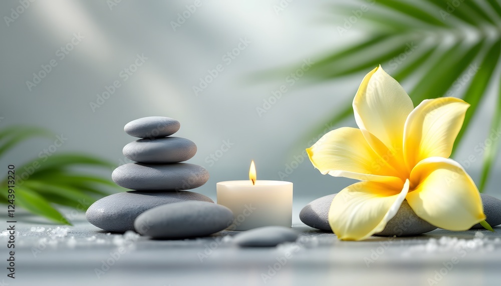 Serene Spa Scene with Stones Candle and Flower Serene Spa Scene with Stones Candle and Flower