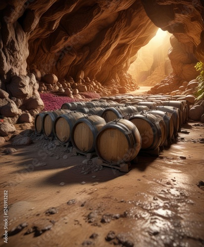 Wine barrels with sediment on the floor of a cave, underground storage, dim lighting photo