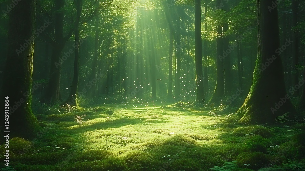 Fototapeta premium A peaceful forest clearing with a carpet of moss, dappled sunlight, and the sound of birds singing 