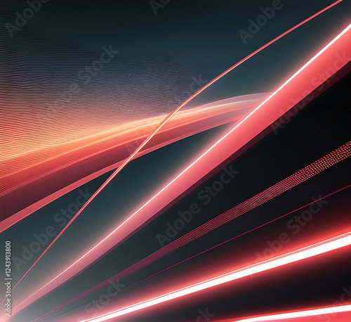 Lights blue and red high speed effect motion blur night.Futuristic neon light line trails. bright sparkling background.Purple glowing wave swirl, impulse cable lines.Long time exposure.generative ai