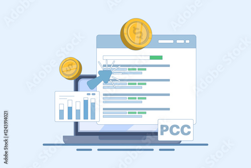 Pay Per Click Marketing Concept or PPC, Digital Advertising Line Campaign. Digital Marketing Who Wants to Explain or Promote the Ins and Outs of PPC Advertising. Successful PPC Strategy.