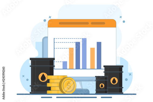Global oil barrel trading market concept, Oil barrel with gold coins, computer screen on isolated background, digital marketing. Flat design illustration on background.