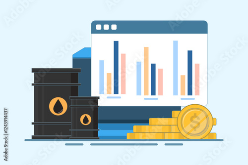 Global oil barrel trading market concept, Oil barrel with gold coins, computer screen on isolated background, digital marketing. Flat design illustration on background.