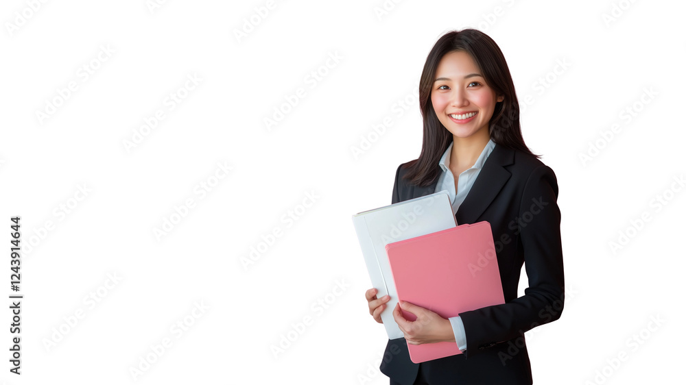 Professional business woman,smiling and holding documents,white background,copy space,web banner. Professional business woman,smiling and holding documents,white background,copy space,web banner.
