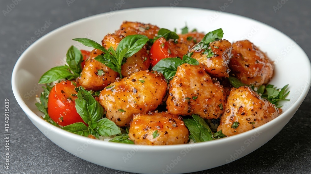 Glazed chicken bites with basil and cherry tomatoes Glazed chicken bites with basil and cherry tomatoes