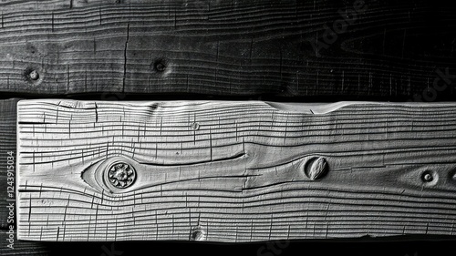 Wooden plank with intricate carvings on a black and white background, texture, interior design element, minimalist design photo