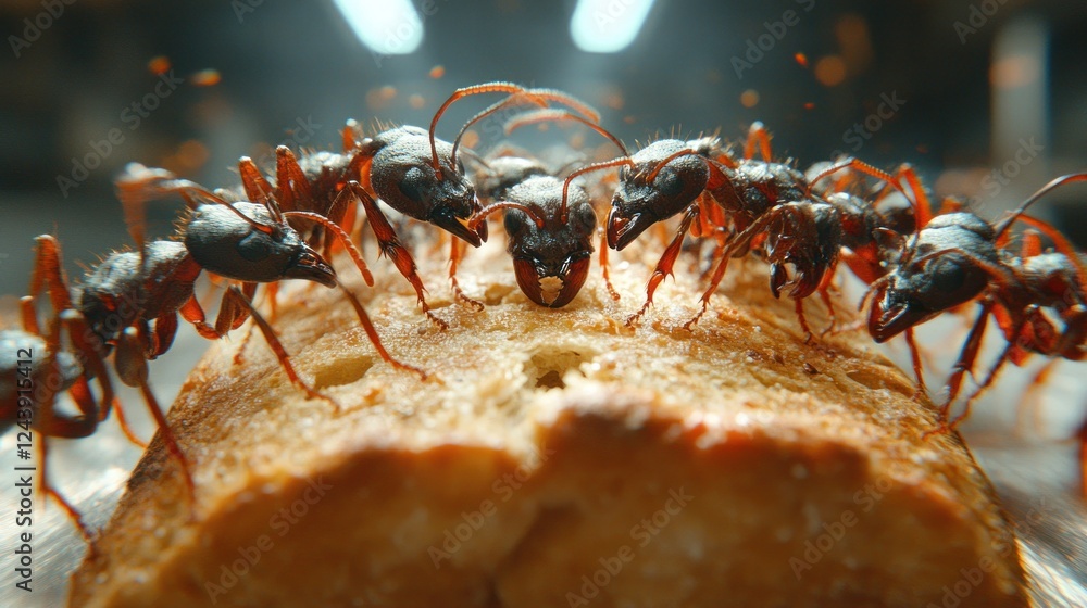 Ants devouring a piece of bread in a laboratory setting Ants devouring a piece of bread in a laboratory setting
