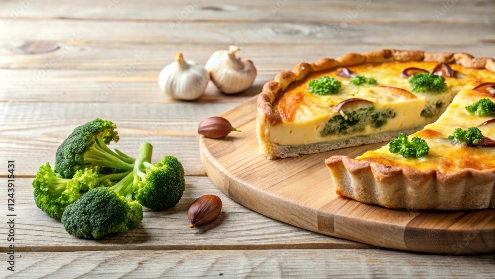 A Delicious Broccoli and Cheese Quiche on Rustic Wooden Table A Delicious Broccoli and Cheese Quiche on Rustic Wooden Table