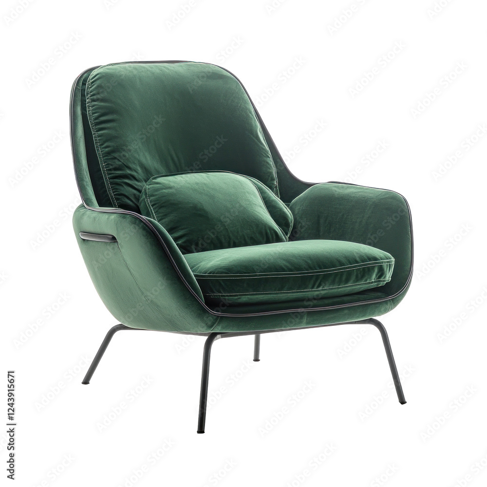 Naklejka premium Elegant green velvet armchair with a minimalist design, set against a neutral background, perfect for modern interiors