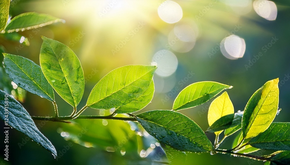 Obraz premium green leaves glistening with raindrops in the sunlight