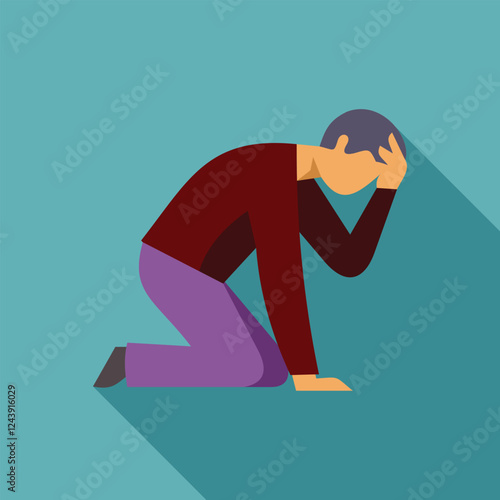 Depressed man is kneeling and holding his head, experiencing despair, loneliness and mental health issues
