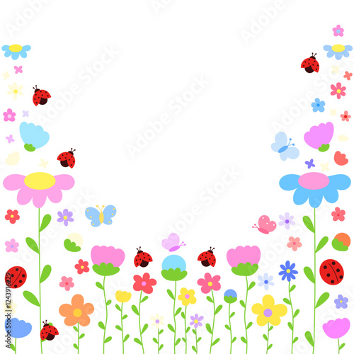spring floral border with cute ladybugs and butterflies flat vector illustration