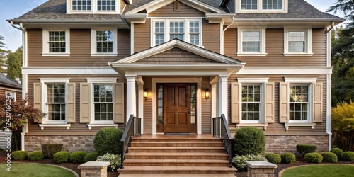 Attractive Suburban Home with Brown Siding, White Trim, and Stone Accents