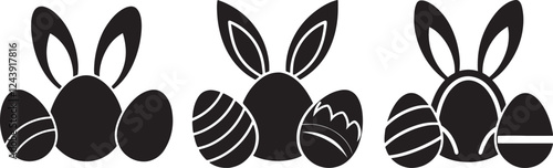 set of easter bunny ears with eggs  silhouette, black and white silhouette, vector and illustration