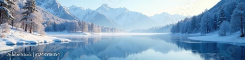Frozen lake with snow-covered trees and mountains reflected, reflection, peaceful scenery