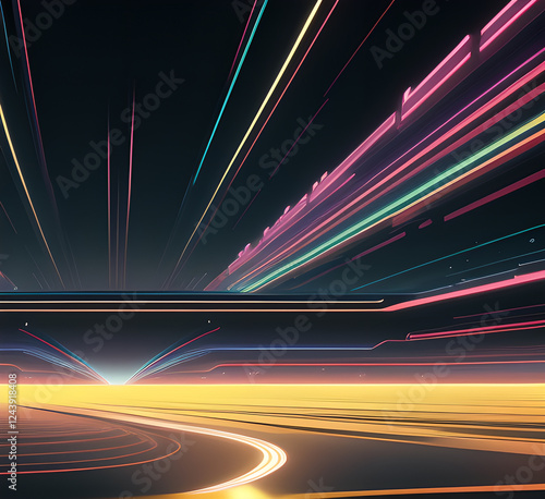 Lights blue and red high speed effect motion blur night.Futuristic neon light line trails. bright sparkling background.Purple glowing wave swirl, impulse cable lines.Long time exposure.generative ai