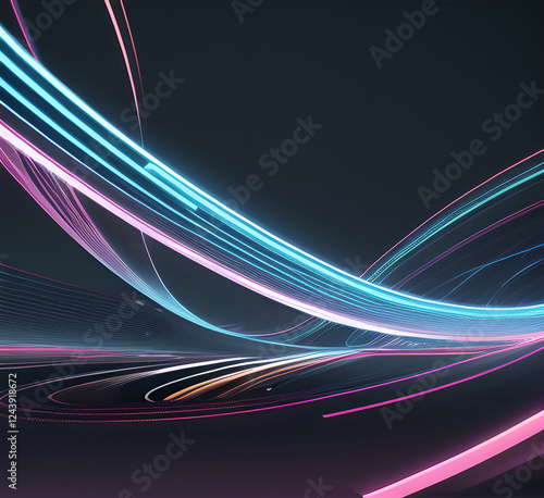 Lights blue and red high speed effect motion blur night.Futuristic neon light line trails. bright sparkling background.Purple glowing wave swirl, impulse cable lines.Long time exposure.generative ai