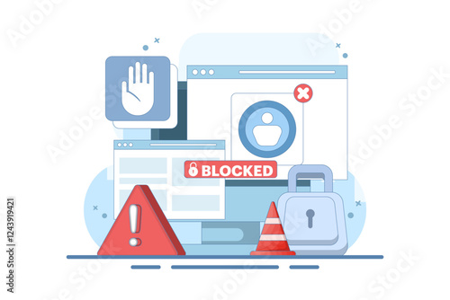 blocked user account concept, shocked and anxious about blocked user account. help user to unblock account. Security from cybercrime activities, hacker attacks, censorship or ransomware. flat design.