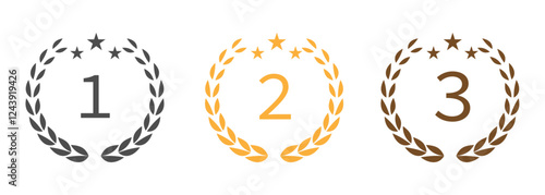 Gold, silver and bronze laurel wreaths, awards for winner,badges for 1, 2 and 3 places