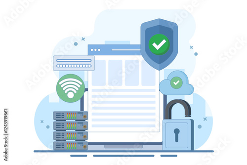 personal data protection concept, information storage in the cloud, user authorization, cloud storage. Cartoon style illustration for landing page, web banner, infographic, main image.