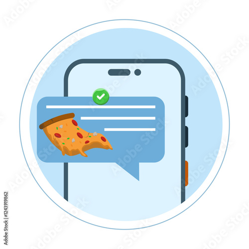 food notification concept. Mobile phone with pizza notification on screen, flat cartoon mobile phone with food delivery notification, smart phone with speech bubble and check mark. vector illustration