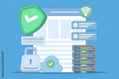 personal data protection concept, information storage in the cloud, user authorization, cloud storage. Cartoon style illustration for landing page, web banner, infographic, main image.