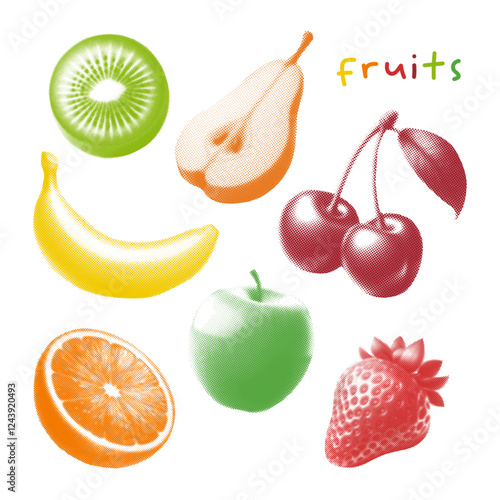 fruits collection, apple, orange, cherry, kiwi, banana, strawberry, pear, retro colorful halftone photocopy set illustration